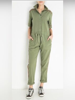 XIRENA Keatyn Utility Jumpsuit Vintage Army Green Red Trim XS